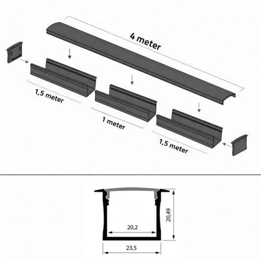 4 meter ledstrip profiel Basic Line zwart opbouw - breed en hoog - compleet met afdekkap