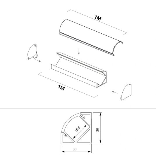 Aluminium ledstrip hoekprofiel wit 1M breed - Compleet met afdekkap