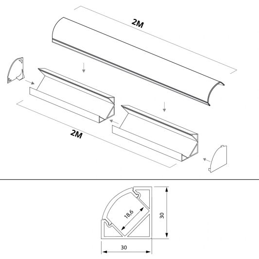 Aluminium ledstrip hoekprofiel wit 2M breed - Compleet met afdekkap