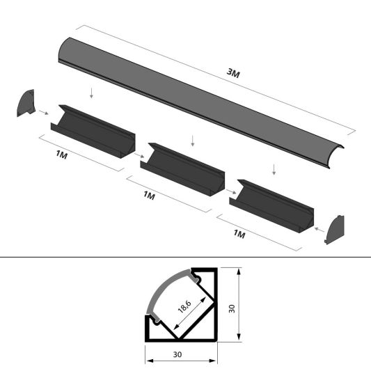 3 meter ledstrip hoekprofiel Basic Line zwart breed - Compleet met afdekkap