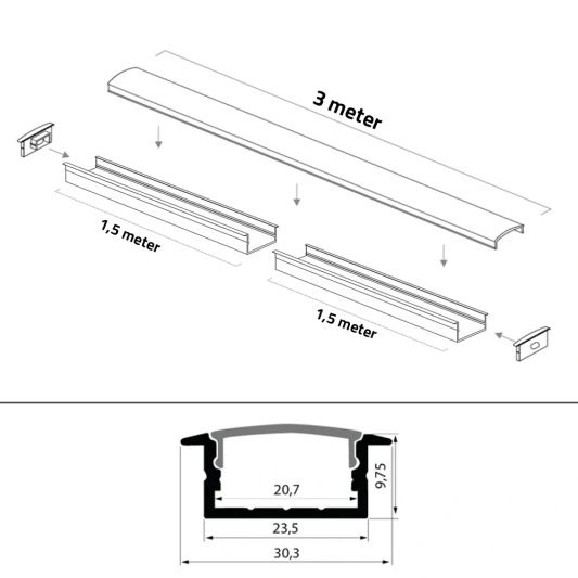 Aluminium ledstrip profiel wit inbouw 3M - breed en laag - compleet met afdekkap