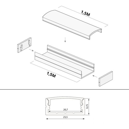 Aluminium ledstrip profiel wit opbouw 1,5M - breed en laag - compleet met afdekkap