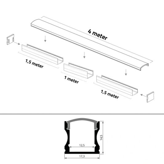 Aluminium ledstrip profiel wit opbouw 4M - 15 mm hoog - compleet met afdekkap