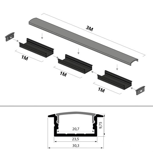 3 meter ledstrip profiel Basic Line zwart inbouw - breed en laag - compleet met afdekkap
