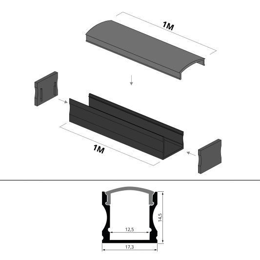 Aluminium ledstrip profiel zwart opbouw 1M - 15 mm hoog - compleet met afdekkap