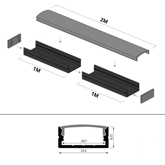 2 meter ledstrip profiel Basic Line zwart opbouw - breed en laag - compleet met afdekkap