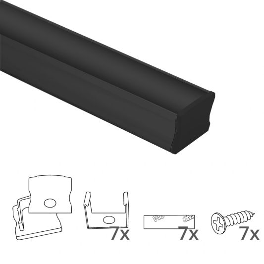 3 meter ledstrip profiel Basic Line zwart opbouw - breed en hoog - compleet met afdekkap