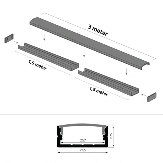 Aluminium ledstrip profiel zwart opbouw 3M - breed en laag - compleet met afdekkap