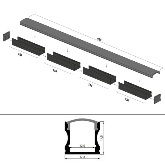 Aluminium ledstrip profiel zwart opbouw 4M - 15 mm hoog - compleet met afdekkap
