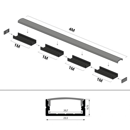 4 meter ledstrip profiel Basic Line zwart opbouw - breed en laag - compleet met afdekkap