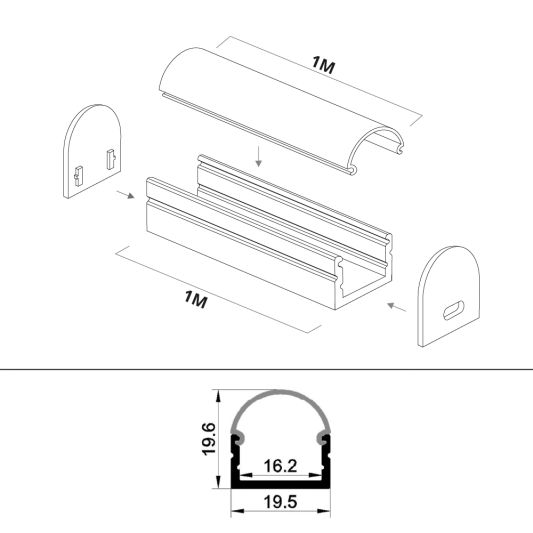 Led profiel 1 meter opbouw breed 19 mm ronde afdekkap
