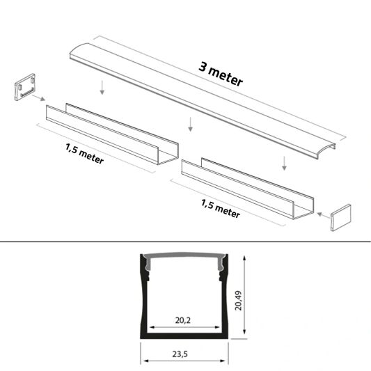 Led profiel 3 meter opbouw breed hoog 20 mm