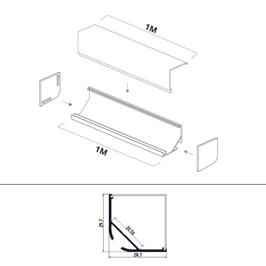 Ledstrip hoekprofiel 1 meter rechte afdekkap breed 30 mm