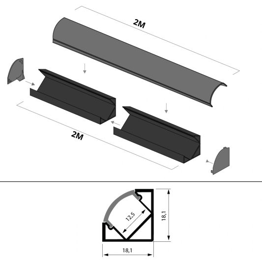 Ledstrip hoekprofiel zwart - Slim line - compleet inclusief afdekkap 2 meter