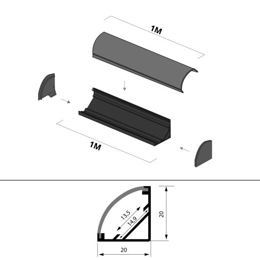 Ledstrip profiel hoek in zwart - Slim line - compleet inclusief afdekkap 1 meter