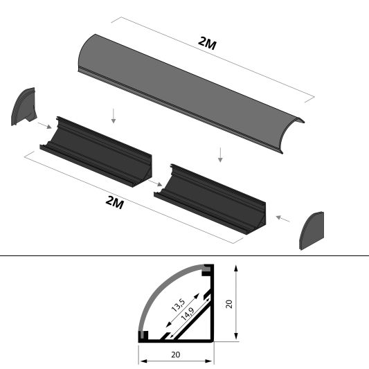 Ledstrip profiel hoek in zwart - Slim line - compleet inclusief afdekkap 2 meter