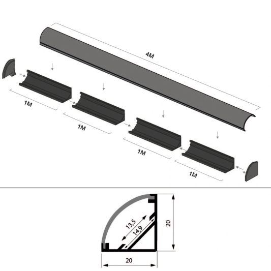 Ledstrip profiel hoek in zwart - Slim line - compleet inclusief afdekkap 4 meter