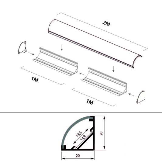 Ledstrip profiel hoek Slim line rond - compleet met afdekkap 2 meter